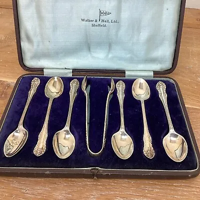 Set Solid Silver Spoons & Sugar Tongs Hallmarked Sheffield 1919 Walker &Hall BO3 • £58