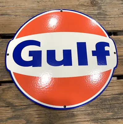 VINTAGE GULF GASOLINE 14x12  GAS MOTOR OIL PORCELAIN PUMP STATION SIGN • $109