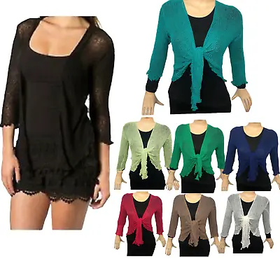 New Womens Tie Up Open Front Shrug Ladies Knitted Cropped Bolero Beach Summer • £9.49