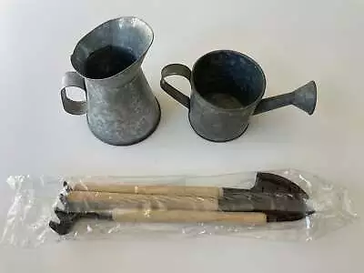 Galvanized Tin Small Pitcher And Watering Can W/miniature Garden Tools • $16.99