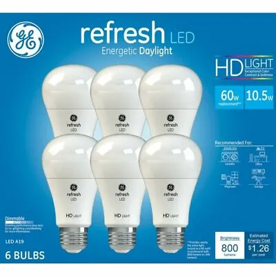 GE LED Light Bulb A19 HD Daylight Refresh 60w / 10.5 Watt 5000K Dimmable 6-Pack  • $17.99