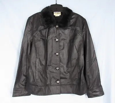 Vtg CITY GIRL Nancy Bolen BLACK Lightweight Twill FAUX FUR COLLAR Jacket Sz 10 • $20