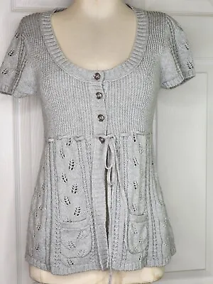 Med Women Gray Knit BOHO Y2K Short Sleeve Sweater Tie Waist 1/3 Button  Cardigan • $22.95