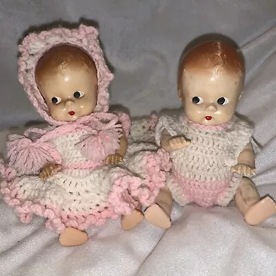 2 Vintage Japan Celluloid Jointed Baby Dolls With Crochet Outfits Twins   7” • $28