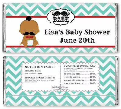 Mustache Bash African American - Personalized Baby Shower Candy Bar Wrappers • $12