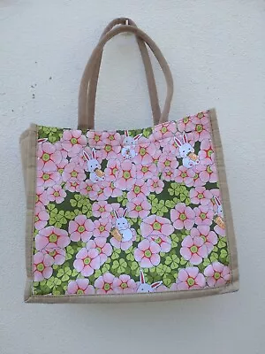 £3.50 • Buy Cute Japanese Bunny Rabbit & Cherry Flower Design Hessian Tote Bag. Kawaii. VGC
