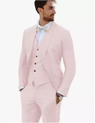 Men 3Pcs Linen Suit Summer Groom Bestmen Wedding Tuxedo Blazer+Pants 42r 44r 46r • $79.99