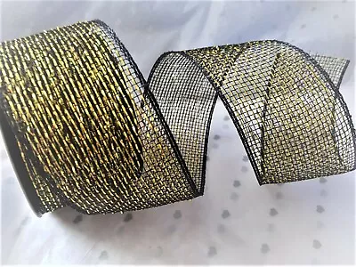 Eleganza BLACK & GOLD DECO MESH Metallic Ribbon - 1m - 5m Var Lengths & Oddments • £2.90