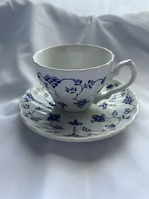 Myott Finlandia Tea Cup & Saucer Fine Staffordshire Ware England 1982 Blue White • $15.99