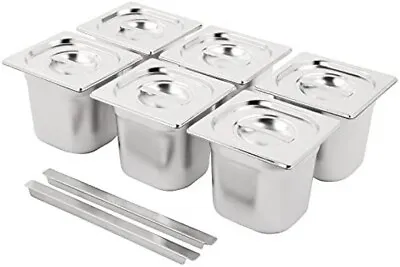 6X Gastronorm & Lid 1/6 Stainless Steel Bain Marie Food Container Pan Pot 150m • £69.99