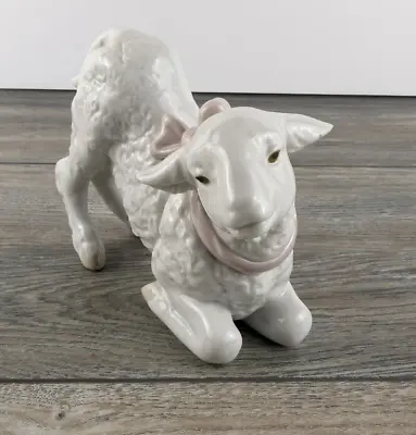 Lladro - 1997 Daisa Hand Made In Spain - Baby Girl Lamb Pink Bow Figurine - • $78.99