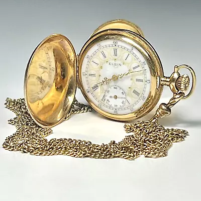 Vtg 1910 Elgin 14K Gold Ladies Mini Hunter Pocket Watch 7J Ornate Dial W/Chain • $975