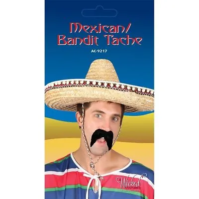 Mens Mexican Bandit Gringo Fake Moustache Facial Hair Black Fancy Dress Accessor • £2.85