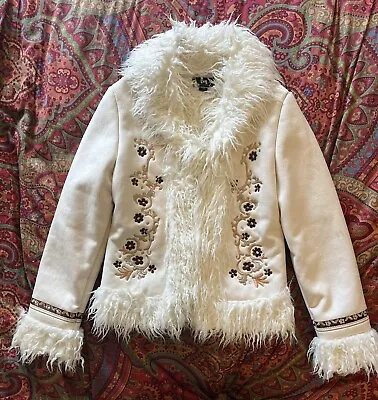 Vintage Penny Lane Jacket Ivory Boho Hippie 60’s Embroidered Faux Fur Size Med • $150