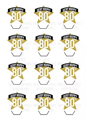 12 80th Birthday Gold Star Cupcake Standing Toppers Rice Wafer Card Edible • £3.50