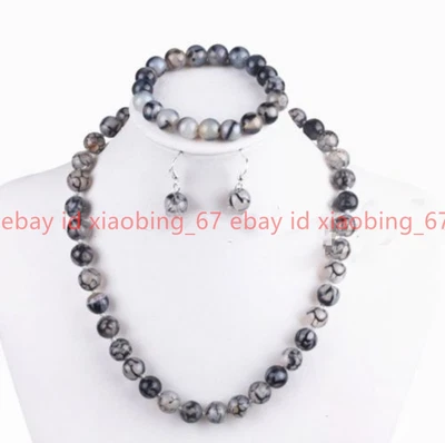 $9.99 • Buy 6/8/10mm Natural Black White Dragon Veins Agate Necklace Bracelet Earrings Set