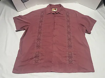 The Genuine Haband Guayabera Burgundy Embroidered Cuban Men's Shirt XL Pockets • $21.95