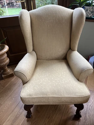 £100 • Buy Victorian Style Wing Armchair Scroll Arms, Yellow Fabric,Cabriole Legs Claw Feet