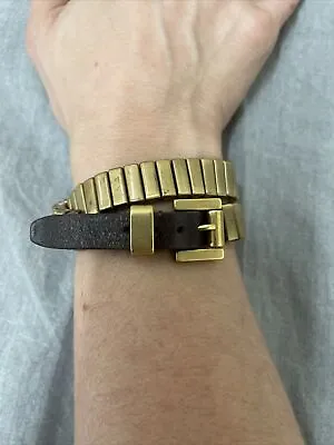 Michael Kors Gold Sliding Metal+brown Leather Wrap Around+belt Buckle Bracelet • $30