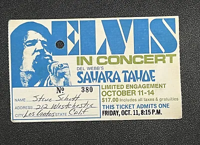 Elvis Rare Lake Tahoe Del Webb Oct 11 1974 Ticket  OPENING NIGHT Not Hilton • $2012.12