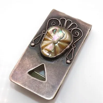 TAXCO VTG 22.4g Sterling Silver Carved MOP Face Aztec Mayan Men's Money Clip FZ1 • $78.18