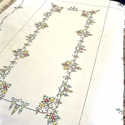 Cross Stitch Floral Tablecloth Vntg White Embroidered 96 X64  XLarge Cottagecore • $259