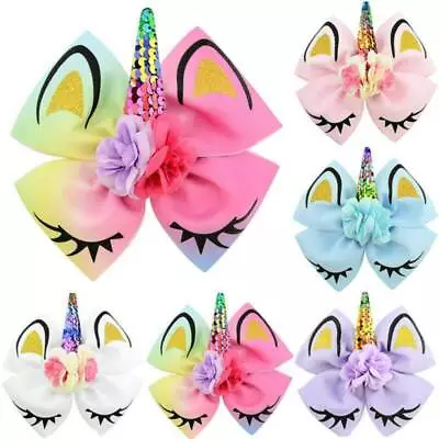 Kids Girl JOJO SIWA Unicorn Hair Bow Glitter Hair Clip Horn Rainbow Bow Headwear • $10.63