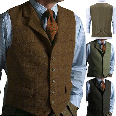 Green Mens Waistcoat Vintage Tweed Windowpane Wedding Workwear Vests 44 46 48 50 • £23.99