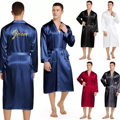 UK Long Groom Robe Mens Satin Wedding Pajamas Kimono Bathrobe Dressing Gown Pjs • £16.49