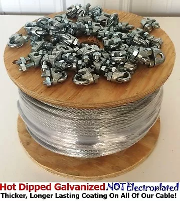 Aircraft Steel Cable Wire Rope 250' 3/16  7x7 Galvanized Cable With Cable Clamps • $62.99