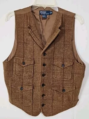 Vintage Polo Ralph Lauren Brown Tweed Plaid Hunting Vest Size M Medium • $19.99