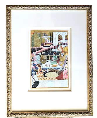 Indian Mughal Miniature Painting Dara Shikoh With Sages In Garden Gold Detail • $895