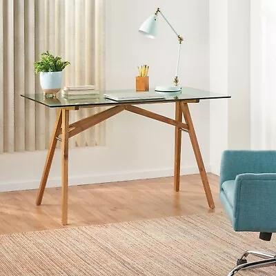 Camey Mid-Century Acacia Wood Desk With Tempered Glass Top • $196.58