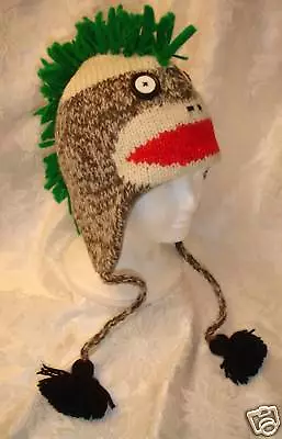 Punk Rock SOCK MONKEY HAT Knit ADULT Costume FLC LINING Green Mohawk Helmet Head • $129.99