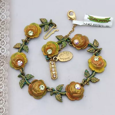 Michal Negrin Bracelet Roses Leaves Pink Autumn Yellow AB Crystals Statement Box • $78.40