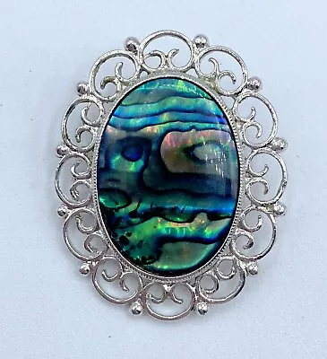 A1-12 Vintage Silver Tone Brooch Pin 1.5  Abalone Shell Stone • $4.99