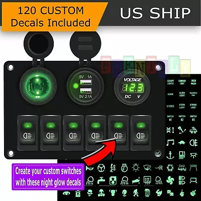 Car Marine Boat 6 Gang Waterproof Circuit Green LED Rocker Switch Panel Breaker • $27.95