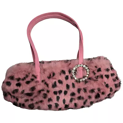 Vtg Y2K Wilsons Leather Pink Leopard Print Rabbit Fur Baguette Shoulder Bag  • $89