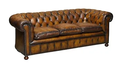 1950's Hand Dyed Restored Cigar Brown Leather Chesterfield Club Sofa English • $12451