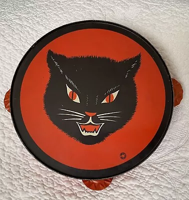 Vintage BLACK  CAT Halloween TIN TAMBOURINE Noisemaker By T. Conn • $15.50