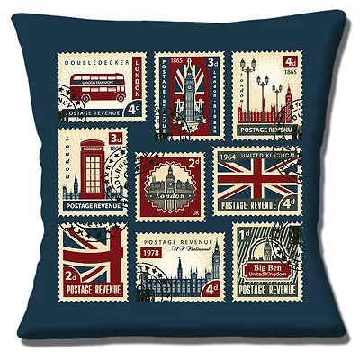 London Icon Stamps Cushion Cover 16x16 Inch 40cm Big Ben Red Bus Telephone Box  • £10.95