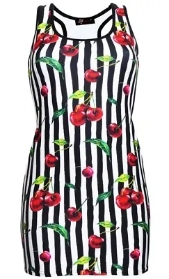 Cherry Leaves Tart Monochrome Striped Cherries Vintage Retro Long Vest Top • $46.79