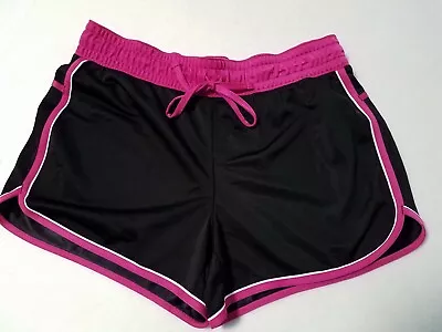 MADE FOR LIFE Women's Large Black Satin Running Shorts Pink Trim Elastic NEW • $9.74