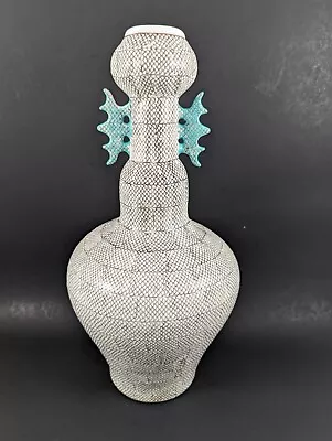 Vintage Dragon Scale Handmade Chinese Porcelain Vase W/Teal Wing Handles 13  • $24.99