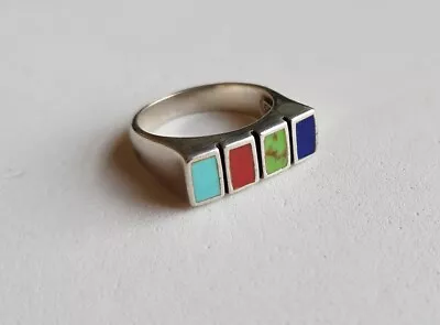 Vintage Modernist Sterling Ring Blue Green Turquoise Red Coral Blue Lapis Size 6 • $27.99
