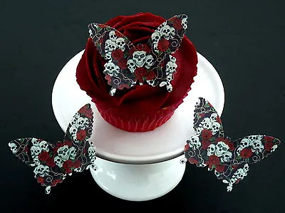 15 *pre-cut* Skull & Roses Gothic Butterflies Edible Rice Wafer Paper Toppers • £2.95