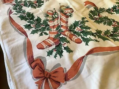 L1277🌟Vintage Cotton “STRIPED STOCKINGS” Christmas Tablecloth 56”X58” • $130.95