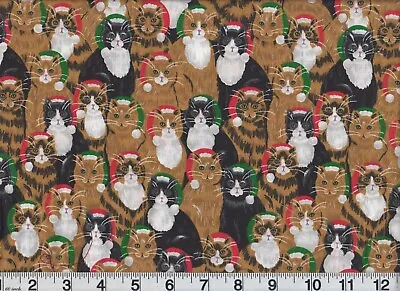 $7.64 • Buy Vintage Christmas Fabric Packed Cats Kittens Santa Hats Premium Cotton OOP