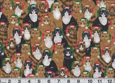 $7.64 • Buy Vintage Christmas Fabric Packed Cats Kittens Santa Hats Premium Cotton OOP