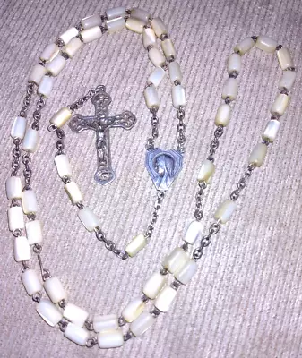 Vintage Sterling Silver Crucifix Mother Of Pearl Rosary Beads Jesus Mary France • $89.99